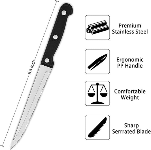 Sharp Serrated Steak Knives Set,Set Of 8 Stainless Steel Kitchen Knife Set,Dinner Knife For BBQ,Barbecue Steak Cutting Knife With Plastic Handle