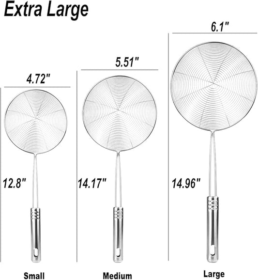 Enhanced Version Stainless Steel Spider Strainer Skimmer Ladle, Set of 3 Sizes Kitchen Strainer Spoon for Cooking and Frying, Pasta Strainer, Food Preparation-32.5cm, 36cm, 38cm