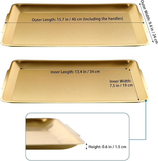 Large Stainless Steel Serving Platter, 15.7" Rectangle Camping Plate, Vanity Organizer Tray for BBQ, Party, Buffet, Appetizer, Bathroom Supplies (Brushed Gold)