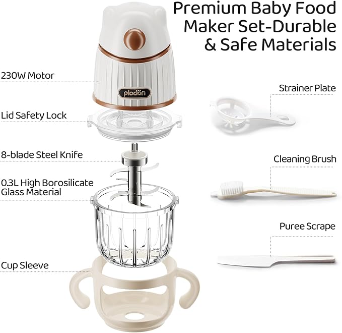 Baby blender food maker, PLODON 15-in-1 baby food processor set, suitable for fruits, vegetables, and meat, compatible with stage-based recipes, separator, silicone spoon, scraper, (WHITE)
