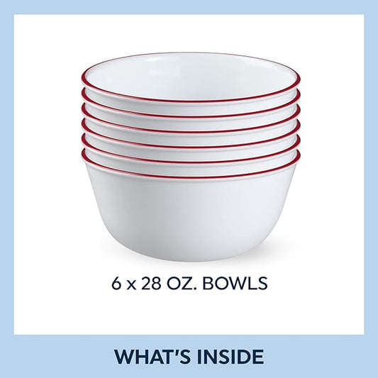 Corelle Vitrelle Glass 6-PC Bowls Set, For Soup Cereal & Dessert, Chip-Resistant & Lightweight Bowl Dinnerware Set, Red Banded 28 OZ