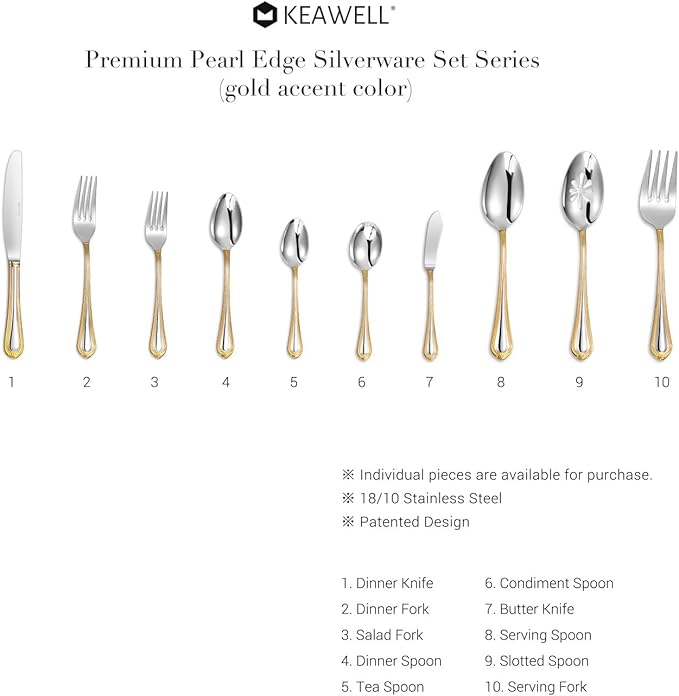 KEAWELL Pearl Edge 4-Piece Premium Dinner Knives: Stainless Steel Table Knives with a Refined Bead Design, Brightly Polished, 9.6 Inches, Dishwasher Safe. (Gold Accent)