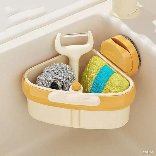 Suction Cup Sink Corner Rack,Sponge Storage Rack,Automatic Dumping Sink Strainer Basket,Suction Cup Basket,Food Drainer,Suitable for Kitchen Sinks, Dining Tables, and Kitchen,Islands,Bathroom (Yellow)