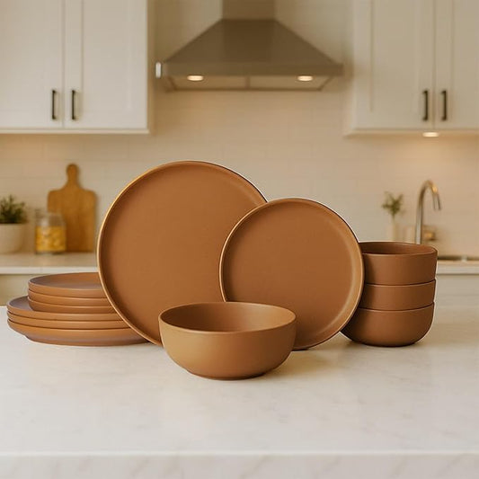 12-Piece Matte Orange Dinnerware Set,Stoneware Dinnerware for 4, Microwave & Dishwasher Safe, Stackable Design for Kitchen and Dining - Plates and Bowls