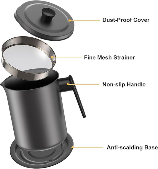 Bacon Grease Container with Fine Mesh Strainer - 1.7L / 6.8 Cups Cooking Oil Storage Can with Removable Dustproof Lid and Coaster Tray - Oil Pot for Used Cooking Oil, Fat, Frying Oil, Kitchen Fat