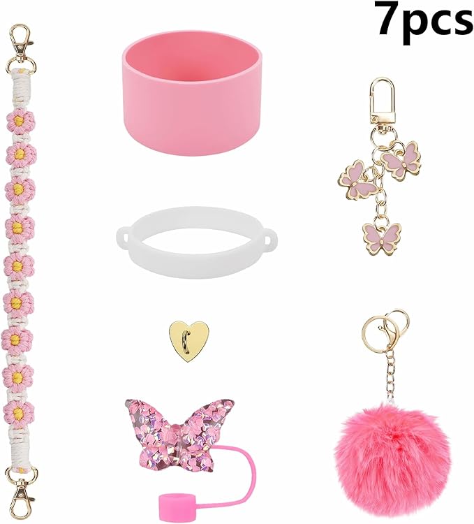 Accessories Set Including Water Bottle Handle Strap, Silicone Boot, Resin Butterfly Straw Cover, Straw Topper, Lip Balm Sleeve, Butterfly & Hairball Charms for Stanley Cup Tumbler