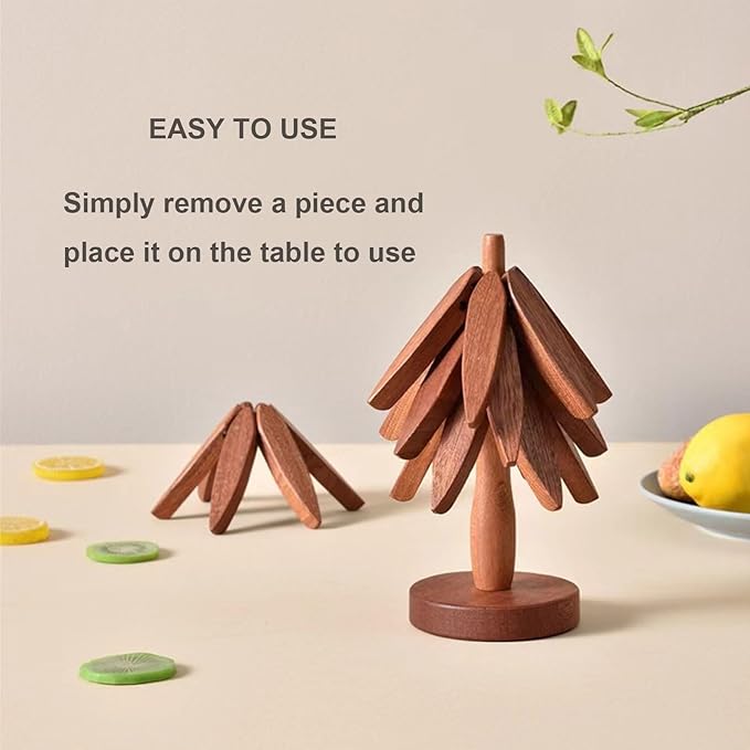 Wooden Tree Trivets for Hot Dishes: 4 Trivets and 1 Stand Christmas Tree Coasters for Pot Bowl Cup Teapot Pans Hot Pot Holder