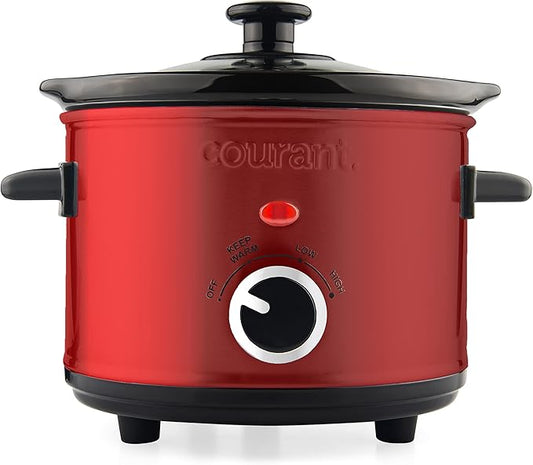 Courant Small Slow Cooker 1.6 QT, 3 Heat Settings, Removable Ceramic Pot" Easy Clean, Dishwasher Safe, Mini Slow Cooker, Red