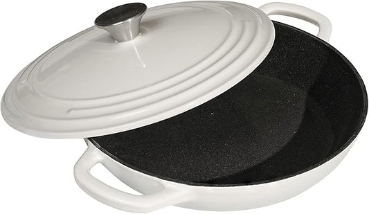 Flavehc Braiser Enameled Cast Iron Braiser 2.25 qt Braiser Pan with Lid White Shallow Cast Iron Casserole Braiser Pan with Handels
