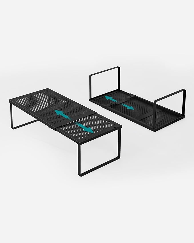 SONGMICS Spice Racks, Set of 2 Expandable Kitchen Countertop Shelves, Small Cupboard Organizers, Metal, Space-Saving Tabletop Shelves, Matte Black UKCS402B01