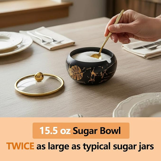 15OZ Sugar Bowl with Glass Lid and Spoon, Sugar Container of Coffee Bar Accessories, Stainless Steel Jar for Salt, Tea, Brown Sugar Cube, Dishwasher Safe, Kitchen Decor Countertop Storage, Black