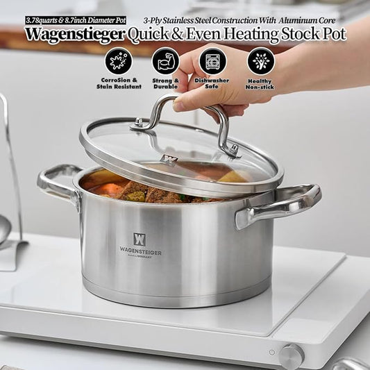 WAGENSTEIGER 3.78-Quart Stainless Steel Stock Pot with Tempered Glass Lid, 3-Ply Construction, Ergonomic Handles, Compatible with All Cooktops, BPA Free (8.46" Diameter)