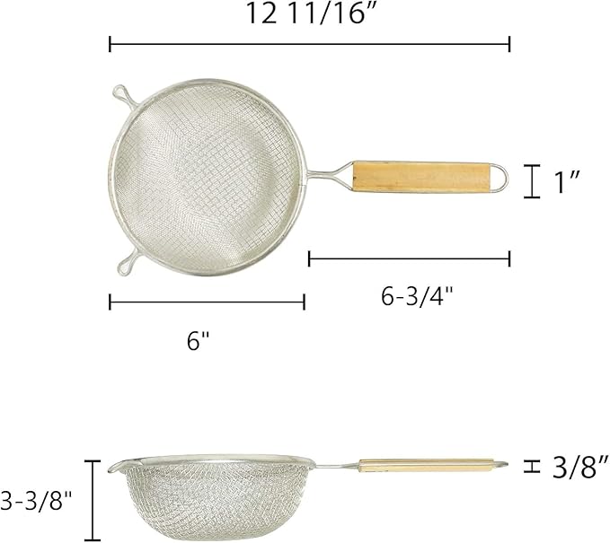 TrueCraftware- 6-Inch Double Medium Tin Mesh Strainer 6-3/4" Handle Length Wooden Handle- Kitchen Utensil Food Strainer Skimmer Spoon for Cooking Sieve Sifters Rice Quinoa Pasta Fruits Vegetable