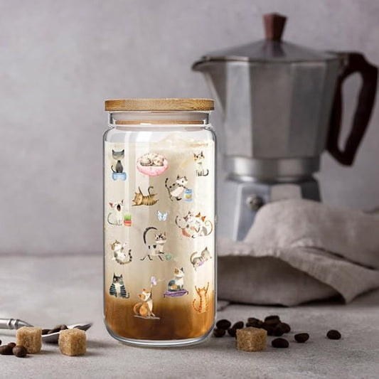 Funny Cat Glass Cups with Lids and Straws Gifts for Love Cats Women Girls, Cute Cool Cat Lover Gifts Decor Stuff Accessories, Cats Lovers Owners Christmas Gift for Daughter Sister Aunt Best Friends