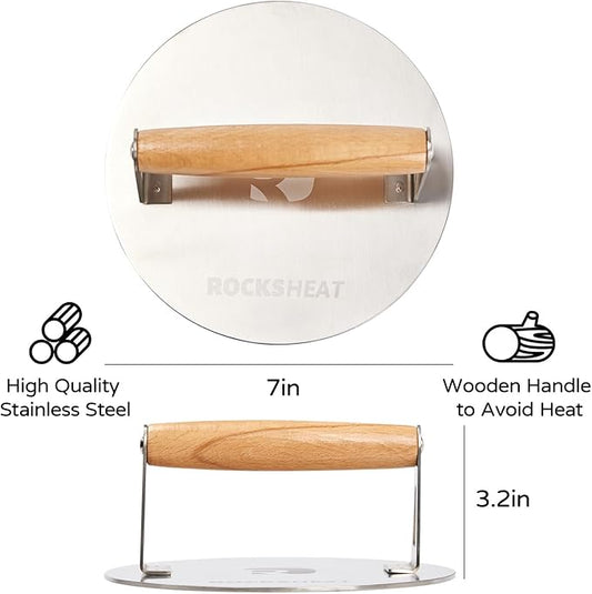 Smash Burger Press, 7 Inch 3mm Thickened Food Grade Stainless Steel Heavy Duty Round Grill Griddle Press with Wood Handle, Non-Stick for Hamburger Bacon Steak Panini