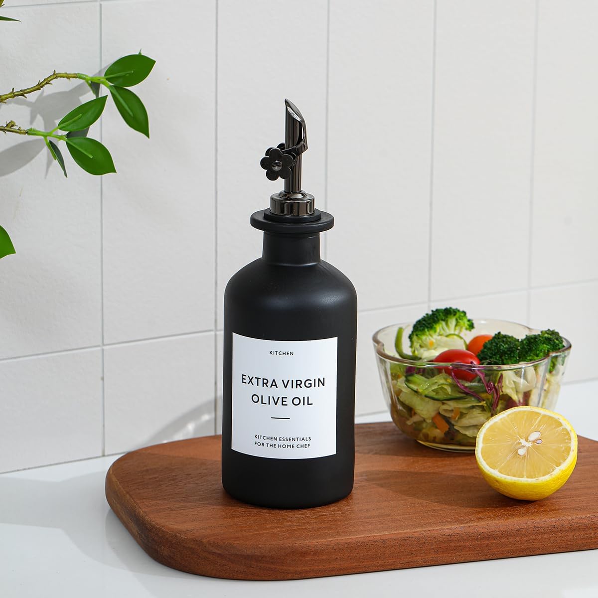 HOMCDALY Olive Oil Dispenser for Kitchen, 11.8oz Glass Kitchen Dispenser Bottle, Black Oil&Vinegar Cruet Set, Leakproof Olive Oil Bottles | Set of 2 (11.8oz – Black) Visit the HOMCDALY Store