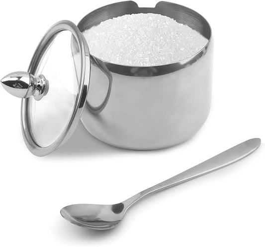 10oz Sugar Bowl with Lid and Spoon, Durable Sugar Pot for Coffee Bar Accessories, Stainless Steel Holder Jar for Salt, Tea, Candy, Home and Kitchen Storage(Silver)