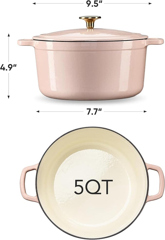 CAROTE 5QT Enameled Cast Iron Dutch Oven Pot with Lid, Heavy-Duty Dutch Ovens for Sourdough Bread Baking, Braising, Roasting, Dual Handles, Healthy & Non-Toxic, All Stovetop Compatible, Oven Safe up to 500° F, Macaron Pink