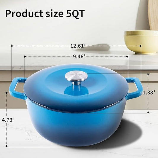 WOKINS Enamel Cast Iron Dutch Oven with Lid,Dual Handles,Heavy-Duty Cookware for Sourdough Bread Baking,Braising,Stews,Roasting,Oven Safe up to 500° F,5QT,blue