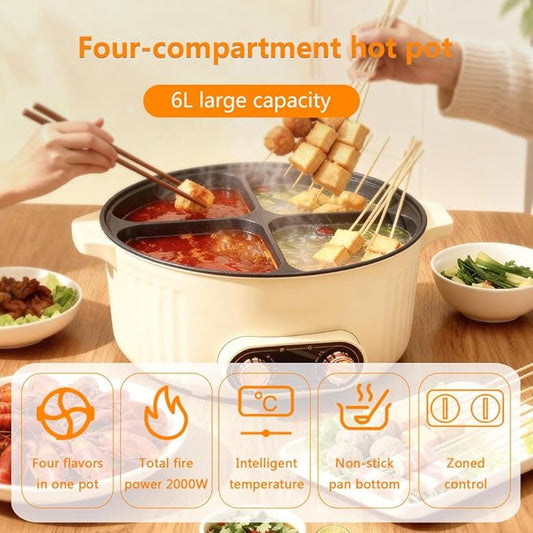 Electric Hot Pot with Divider, Four Grid Multifunctional Stew Pot, 4-Flavor Chinese Shabu Shabu Pot, for Family Gatherings Parties,White
