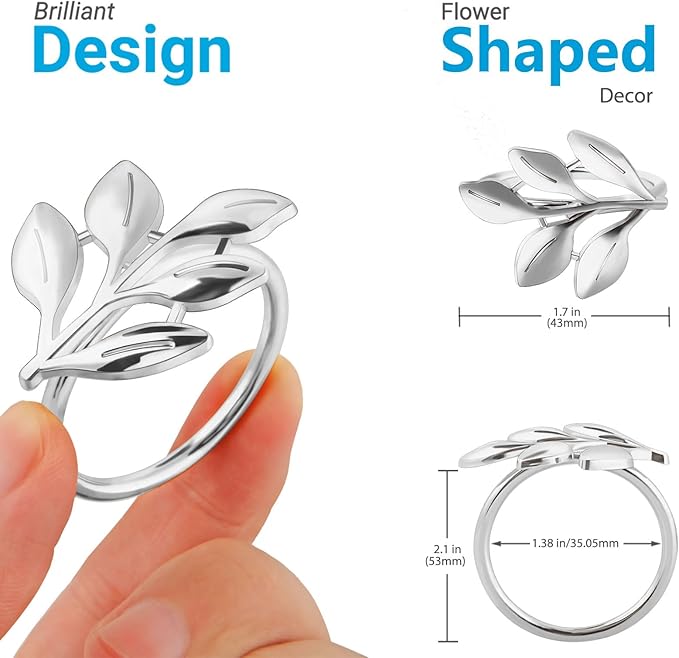 Leaf Napkin Ring Holder Set of 12 Silver Color Dining Table Décor for Wedding Party Dinner Banquet Thanksgiving Halloween (Silver 12pcs)