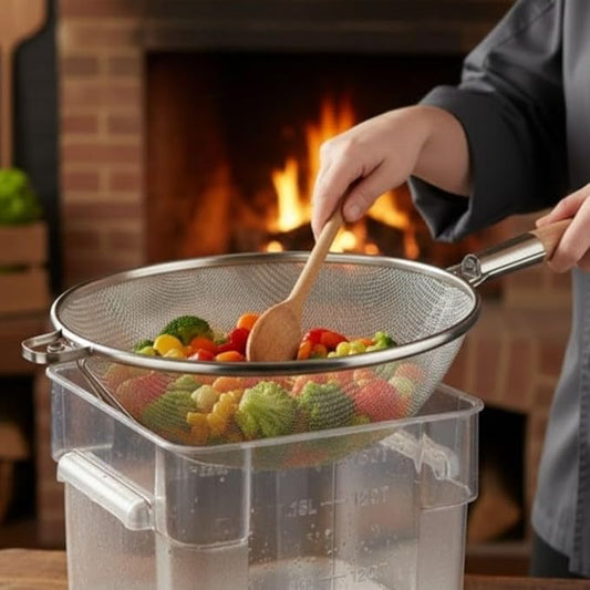 Soro Essentials- 14" Stainless Steel Double Fine Mesh Reinforced Strainer with Wooden Handle- Kitchen Utensil Food Strainer for Cooking Sieve Sifters Rice Quinoa Pasta Fruits Vegetable