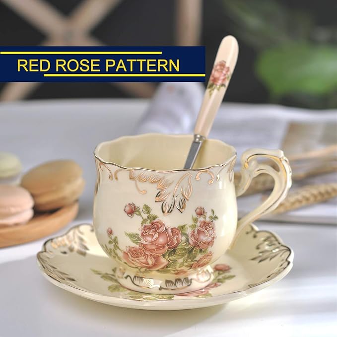 YOLIFE Tea Cup and Saucer Set, 8 oz Tea Cup Set, Teacup, Ceramic Tea Cup with Suacer Spoon, Ivory Vintage Rose Floral with Gold Leaves Trim, Gifts for Women