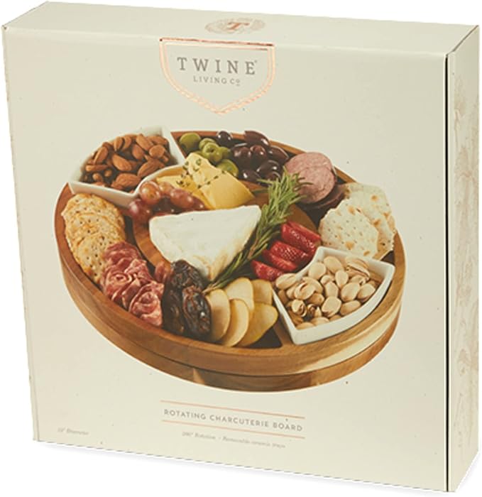 Twine Rotating Wood Serving Board - Round Charcuterie Board - Lazy Susan Wooden Cheese Board Set with Ceramic Dishes - Set of 1
