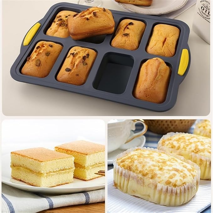 Stainless Steel Frame Silicone Loaf Pan with 8 Cavities, Non-Stick Baking Tray for Bread, Brownies, Muffins and Cheesecake