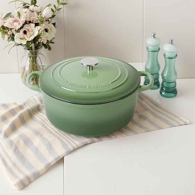 EDGING CASTING Enameled Dutch Ovens Cast Iron Dutch Oven Pot with Lid for Bread Baking, Cook, Dual Handle, 7 Quart, Pistachio Green