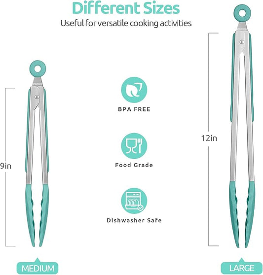 600ºF Heat Resistant Kitchen Tongs: U-Taste 9+12 inch Silicone Cooking Tong Set with Firm Sealed Non Stick Rubber Tips and Silicon Coated 18/8 Stainless Steel Handle for Serving Grilling (Aqua Sky)