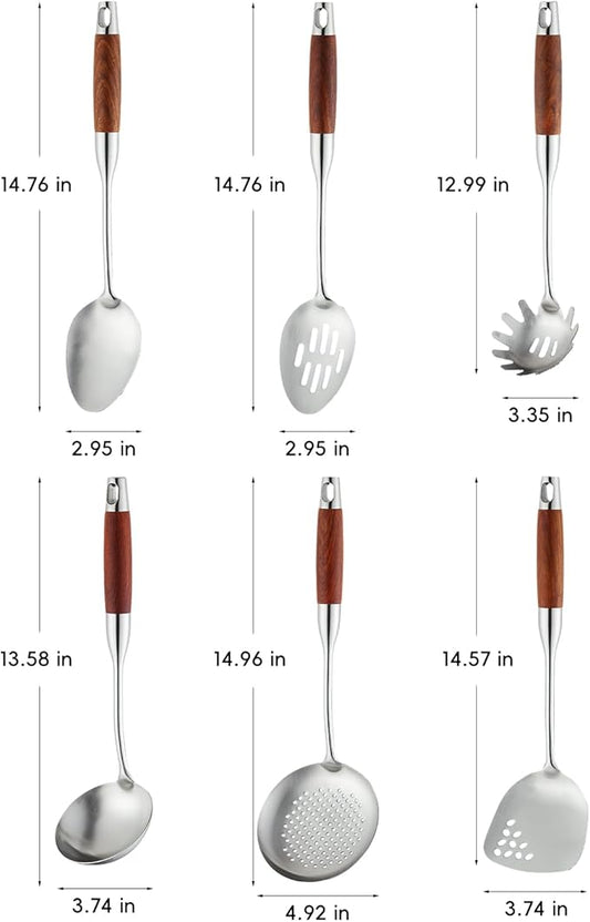 Stainless Steel Kitchen Utensils Set with Wood Handle, 18/10 Metal Cooking Utensils Set, 6-Piece - Spatula, Spoon, Ladle, Skimmer, Slotted Spoon, Pasta