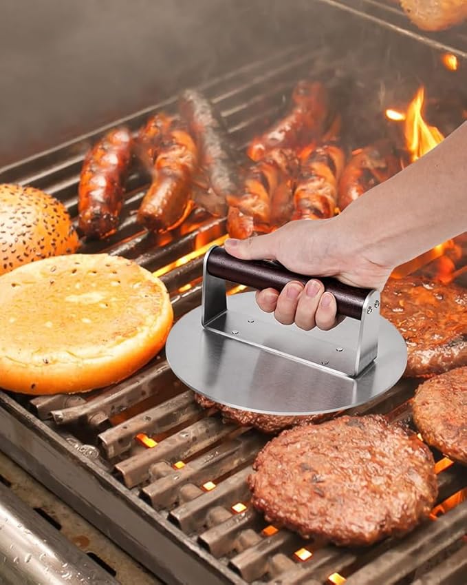 Brigii 8.5" Stainless Steel Smashed Burger Press, Round Flat Edge Grill Press for Crispy Smash Burgers, Hamburger Tool for Grill and Griddle Accessories, for BBQs and Tailgates, Dishwasher Safe