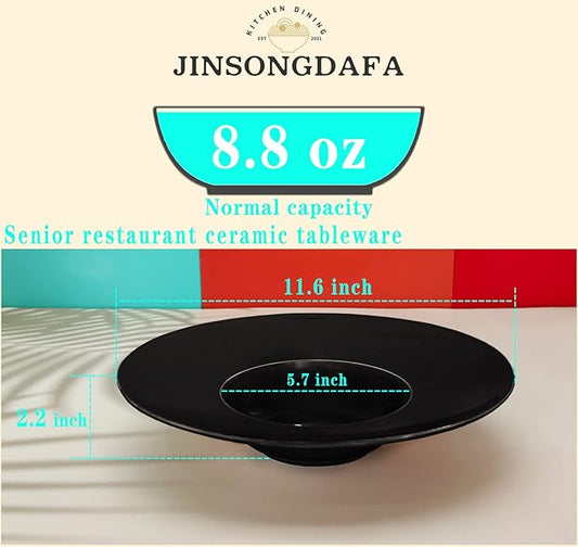 Ceramics Rimmed Soup Bowls 8.8 oz, Black 11.6 inch Exquisite small soup plate Set of 4, Pasta plates With Rim is the best choice for hotels, kitchens, fine restaurants and gourmets