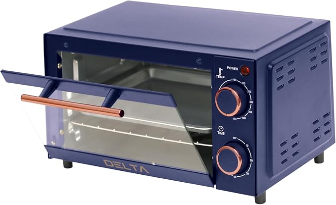 Prime Cuisine 9L Toaster Oven, Small Countertop Electric Oven 750W, 60-Min Timer Auto Shut-Off, Tempered Glass Door, 2-Knob Manual Control, Compact Toaster Ovens Countertop with Baking Tray & Rack