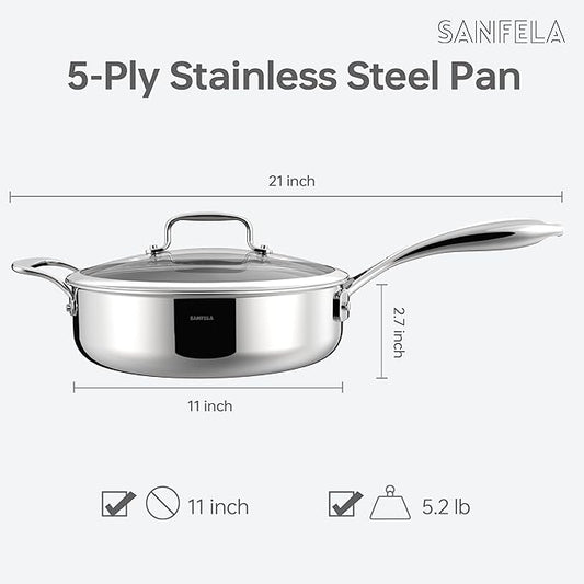 4.5 QT 5-Ply Stainless Steel Saute Pan with Lid, Compatible with All Cooktops, Dishwasher Safe