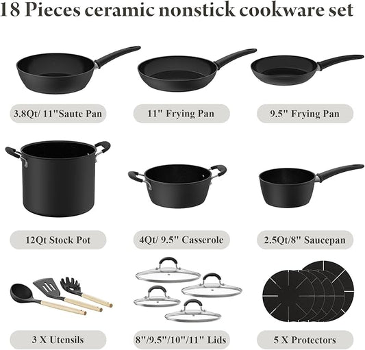 Bazova 18 Pcs Pots and Pans Set Non Stick with 12-Quart Stock Pot, Nonstick Kitchen Cookware Sets with Utensils, Large Capacity Ceramic Cookware Set, PTFE/PFAS/PFOA Free, Black
