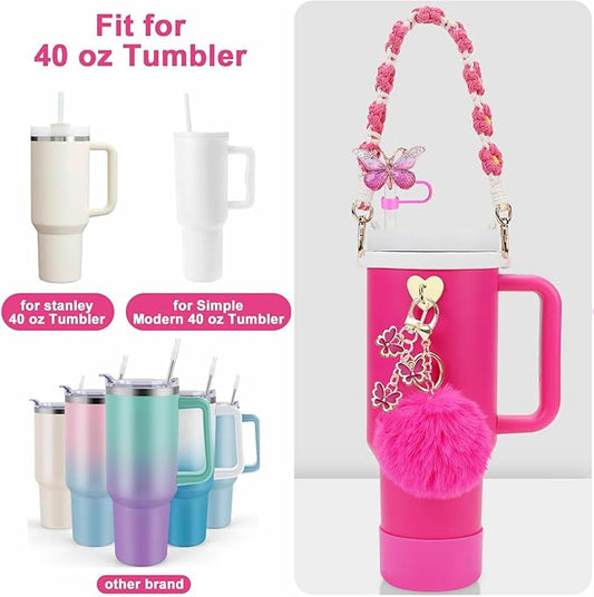 Accessories Set Including Water Bottle Handle Strap, Silicone Boot, Resin Butterfly Straw Cover, Straw Topper, Lip Balm Sleeve, Butterfly & Hairball Charms for Stanley Cup Tumbler