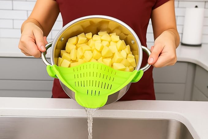 Clip on Strainer Silicone for All Pots and Pans, Colander, Pot Strainer for Pasta, Meat, Vegetables, Space Saving Design, Food-Safe w/Collapsible Funnel, Garlic Peeler, 3 Pack(Lime Green)