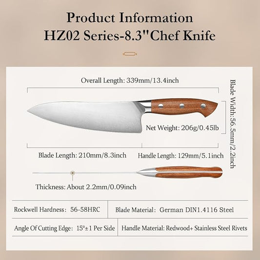 HEZHEN Pro Chefs Knives 8.3 Inch,High Carbon German 1.4116 Steel,Stainless Steel Rivets with Red Wood Handle,Razor Sharp,Super Edge,with Woodern Knife Sheath