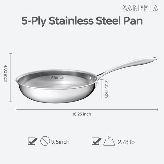5-Ply 9.5 Inch and 11 Inch Stainless Steel Frying Pans, Dishwasher and Oven Safe, Induction Pan, Even Heat Distribution