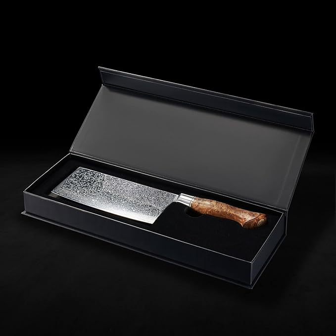SENKEN 7" Damascus Steel Cleaver Knife - Dynasty Collection - 67-Layer Japanese VG10 Steel w/ Sycamore Wood Handle, Razor Sharp Double Bevel 15° Edge