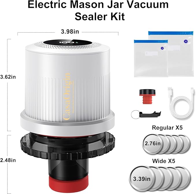 Electric Mason Jar Vacuum Sealer Kit for Wide & Regular Mouth Jars, Automatic Jar Sealer for Canning and Food Storage, Includes Lids & Vcuum Bags