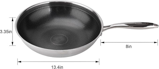 RisenutX Hybrid Wok, 13 inch Wok with lid,Stainless Steel woks & Stir-fry pans Non Stick, PFOA Free Cookware, Dishwasher and Oven Safe, Compatible With Induction