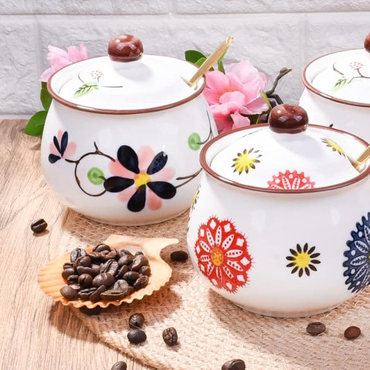 Porcelain Sugar Bowls with Lid and Spoons, Ceramic Seasoning Container for Home and Kitchen (LH)