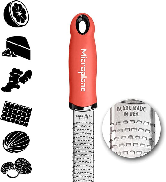 Microplane Zester Grater in Coral for Citrus Fruits, Hard Cheese, Ginger, Chocolate and Nutmeg with Fine Stainless Steel Blade - Made in USA