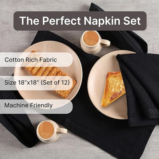 LFH Home Hemstitched Cloth Dinner Napkins 18x18 Inch Set of 12 - Reusable 100% Cotton Machine Washable Cocktail Napkins with Metered Corners for Daily, Party, Wedding, Bar Use - Black