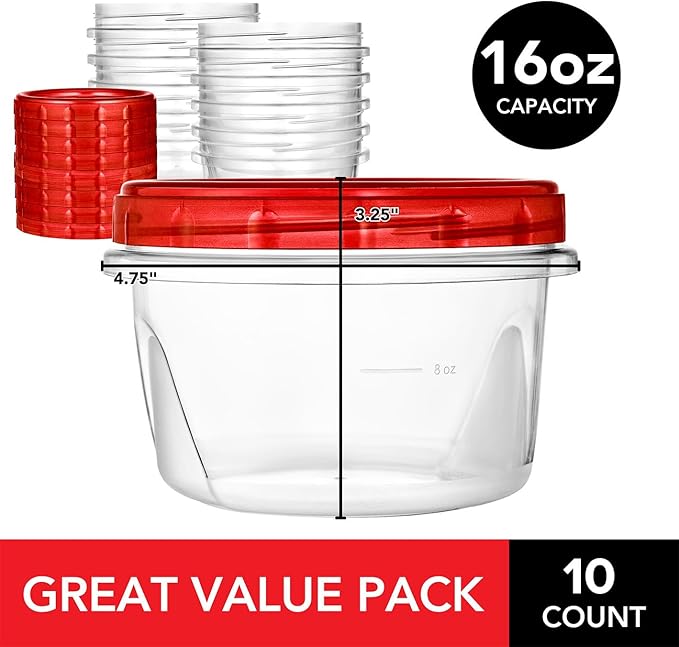 Stock Your Home 16oz Plastic Containers with Red Twist Top Lids (10 Pack) – 2-Cup Freezer Containers for Leftovers, Airtight Reusable Soup Storage, Microwave & Dishwasher Safe