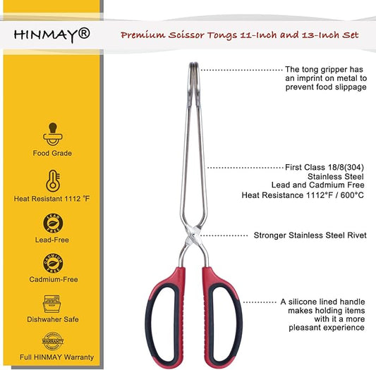Stainless Steel Scissor Tongs 11-Inch and 13-Inch Set, Set of 2