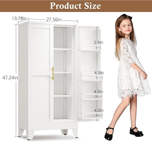 Metal Kitchen Pantry Cabinet, Storage Cabinets with 2 Door and 3 Adjustable Shelves, White Freestanding Food Storage Cabinet, Steel Cupboard for Kitchen Dinning Room